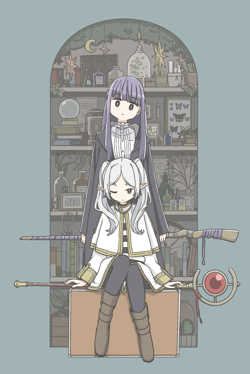 2girls black_coat black_pantyhose blunt_bangs book book_stack bookshelf boots bottle box brown_footwear bug butterfly buttons closed_mouth coat commentary crescent crystal_ball dress earrings elf fern_(sousou_no_frieren) frieren full_body grey_hair head_tilt highres holding holding_staff jacket jewelry key lantern long_hair long_sleeves looking_at_viewer multiple_girls one_eye_closed open_clothes open_coat outside_border pantyhose plant pointy_ears potted_plant purple_hair shelf shirt sitting sousou_no_frieren staff standing star_ornament straight-on straight_hair striped_clothes striped_shirt tameikirakuda twintails white_dress white_jacket