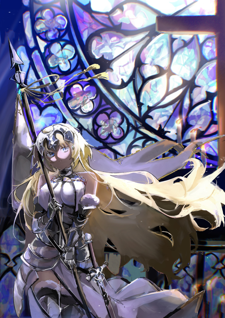 1girl absurdres armor armored_dress banner bare_shoulders blonde_hair blue_eyes breasts chain couter fate/grand_order fate_(series) faulds flag flagpole fur-trimmed_legwear fur_trim gauntlets gloves gorget headpiece highres holding holding_flag jeanne_d'arc_(fate) jeanne_d'arc_(third_ascension)_(fate) large_breasts long_hair mochi_upamo plackart solo standard_bearer sword thigh-highs very_long_hair weapon