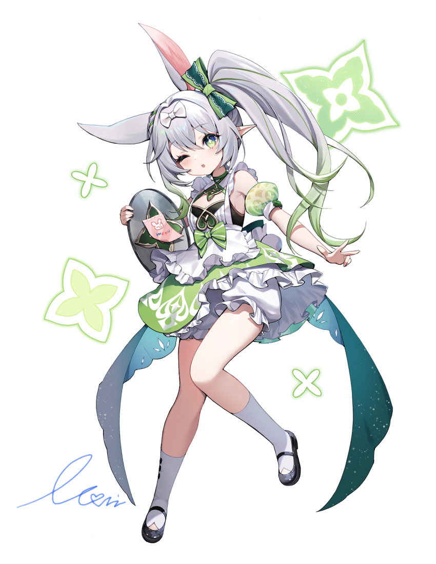 1girl ;o animal_ears apron bare_shoulders black_footwear bloomers bow breasts detached_collar detached_sleeves dress egg fake_animal_ears frilled_dress frills full_body genshin_impact gradient_hair green_dress green_eyes green_hair grey_hair hair_bow highres long_hair looking_at_viewer monini multicolored_hair nahida_(genshin_impact) one_eye_closed pointy_ears rabbit_ears shoes short_dress side_ponytail signature simple_background small_breasts socks solo symbol-shaped_pupils transparent_background very_long_hair white_bloomers white_bow white_socks