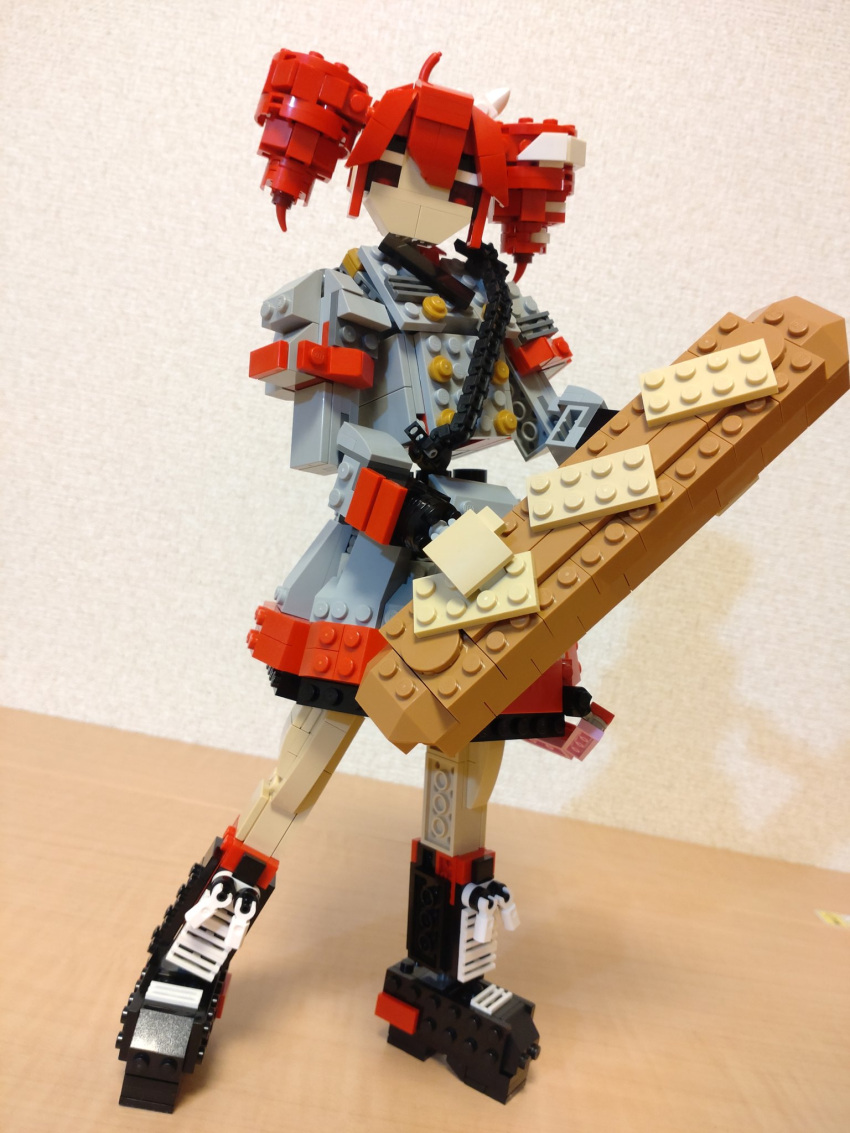 1girl ahoge baguette black_footwear boots bread buttons choroli_(chorolin) commentary contrapposto double-breasted drill_hair food full_body grey_jacket grey_skirt hair_between_eyes hair_ribbon highres holding holding_food jacket kasane_teto kasane_teto_(sv) lego_(medium) long_sleeves looking_at_viewer oversized_food oversized_object red_eyes redhead ribbon shoulder_belt skirt solo standing synthesizer_v twin_drills unconventional_media utau white_ribbon