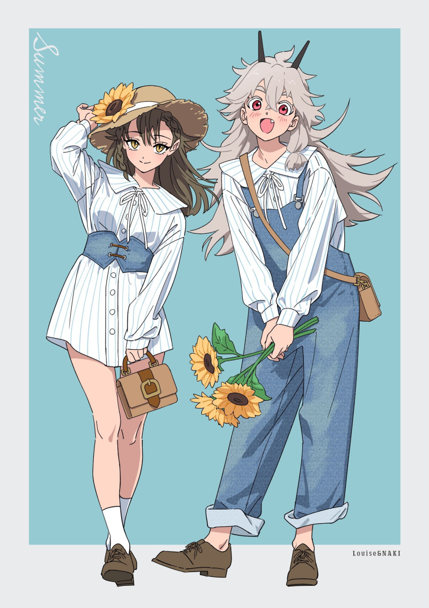 2girls :d bag bare_legs blue_background blue_overalls blush border brown_footwear brown_hair closed_mouth commission dot_nose dress fang flower grey_hair handbag hat hat_flower highres holding holding_bag holding_flower horns long_sleeves looking_at_viewer moya_(toatomoot) multiple_girls neck_ribbon open_mouth original outside_border overalls pants pants_rolled_up pinstripe_dress pinstripe_pattern pinstripe_shirt red_eyes ribbon shirt shoes short_dress simple_background skeb_commission smile socks straw_hat sunflower white_border white_dress white_ribbon white_shirt white_socks yellow_eyes