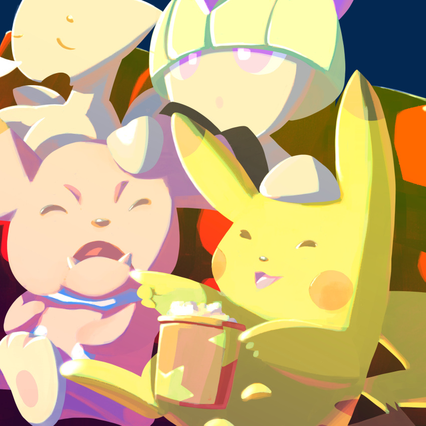 1other absurdres blunt_bangs blush_stickers bowl_cut closed_eyes colored_skin commentary_request dated_commentary fangs food green_hair hand_on_another's_head happy highres light monomo_(pixiv_106518051) movie_theater open_mouth pawpads pikachu pink_eyes pointing pokemon pokemon_(creature) popcorn ralts short_hair sitting smile snubbull star_(symbol) togetic u_u white_skin