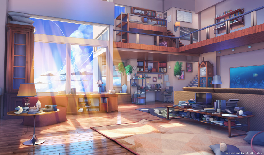 3d aquarium bed book book_stack cabinet clock clouds cup cushion desk grandfather_clock highres indoors lamp light_rays mezzanine no_humans railing rug scenery shelf shining_nikki sitai_xiii sky stairs sunbeam sunlight table television wall_clock window wooden_floor