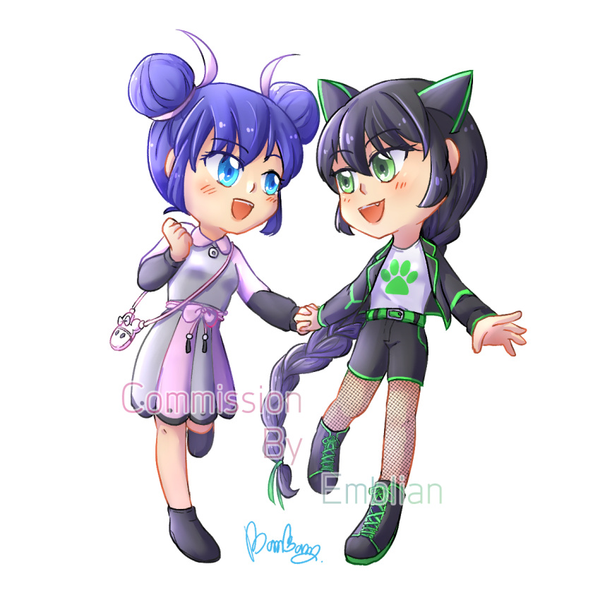 animal_ears beebeebombam black_footwear black_hair black_pants blazer blue_eyes blue_hair braid cat_ears cat_girl chibi double_bun dress green_eyes grey_dress hair_bun highres holding_hands jacket lady_noir long_hair marinette_dupain-cheng miraculous_ladybug multimouse_(character) open_clothes open_jacket open_mouth pants shirt simple_background single_braid slit_pupils smile white_background white_shirt