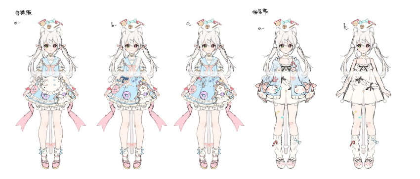 1girl animal_ear_fluff animal_ears animal_slippers ankle_socks apron arin_(fanfan013) back_bow bare_arms bare_shoulders bell black_bow black_bowtie bloomers blue_bow blue_dress blue_sailor_collar bow bow_choker bowtie brown_bow bunny_slippers buttons candy candy_cane cat_ears cat_tail chinese_commentary chinese_text choker closed_mouth collarbone collared_shirt commentary_request doughnut dress eyelashes food footwear_bow frilled_apron frilled_choker frilled_dress frills full_body green_eyes hair_between_eyes hair_bow hair_ornament hairclip heterochromia highres light_blush long_hair mary_janes multicolored_buttons neck_bell original pink_bow pink_bowtie pink_eyes pink_footwear pom_pom_(clothes) pom_pom_hair_ornament puffy_short_sleeves puffy_sleeves reference_sheet sailor_collar shirt shoes short_dress short_sleeves simple_background sleeveless sleeveless_dress slippers smile socks spaghetti_strap standing straight-on tail tail_bow tail_ornament translation_request twintails variations waist_apron white_apron white_background white_bloomers white_bow white_choker white_dress white_hair white_shirt white_socks x_hair_ornament