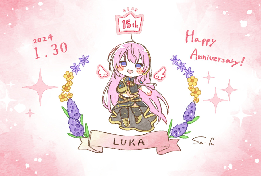 :d angel_wings anniversary black_shirt black_thighhighs character_name chibi crown dated detached_sleeves flower full_body hand_on_own_chest headset highres lavender_(flower) long_hair long_skirt megurine_luka pink_hair purple_flower sa-fu_(sfmk39) shirt side_slit signature single_detached_sleeve skirt smile sparkle thigh-highs violet_eyes vocaloid watercolor_background wings yellow_flower