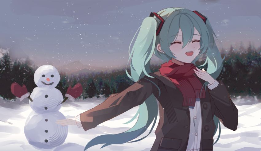 1girl :d ^_^ absurdres aqua_hair black_jacket blue_sky closed_eyes coat forest hair_between_eyes hand_on_own_chest hand_up happy hatsune_miku highres jacket komogu_(pixiv_59363256) light_blush long_hair long_sleeves nature open_mouth outdoors outstretched_arm red_scarf scarf shirt sidelocks sky smile snowing snowman solo standing twintails visible_air vocaloid white_shirt winter