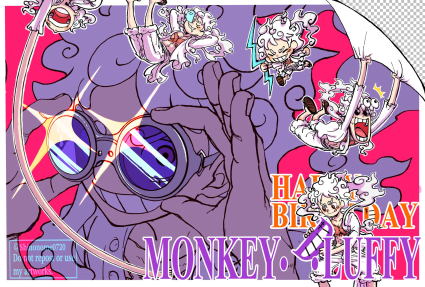 1boy adjusting_goggles alternate_form character_name devil_fruit_power english_text gear_fifth goggles happy_birthday highres holding_lightning_bolt lightning monkey_d._luffy one_piece open_mouth sandals sash scar scar_on_chest scar_on_face shinonome_(7566ani) shirt short_hair shorts smile smoke sparkle teeth tongue tongue_out twitter_username variations violet_eyes white_hair white_sash white_shirt white_shorts