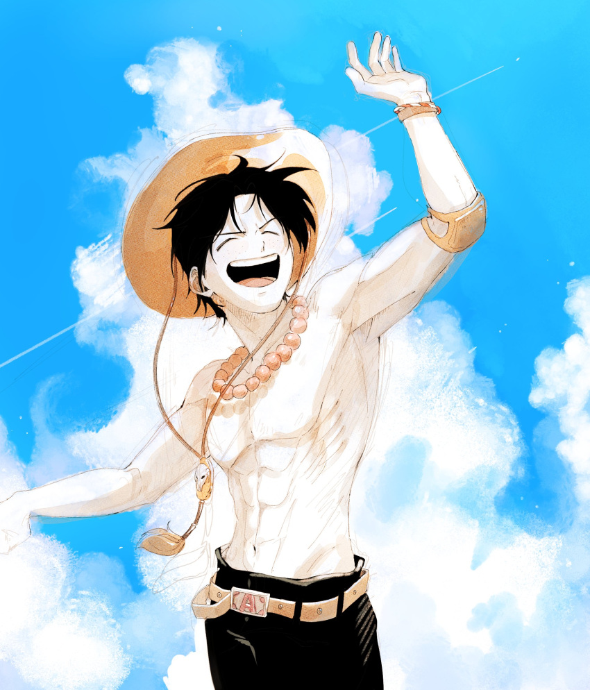 1boy ^_^ arms_up belt black_hair black_shorts bracelet c_a_k_e closed_eyes clouds commentary_request elbow_pads highres jewelry korean_commentary male_focus necklace one_piece open_mouth orange_belt pearl_necklace portgas_d._ace short_hair shorts single_elbow_pad sky smile solo topless_male