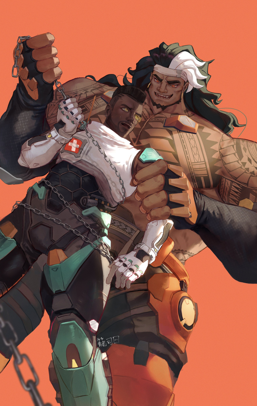 2boys absurdres arm_tattoo armor armored_boots artist_name baptiste_(overwatch) beard black_hair boots chain chained chest_tattoo facial_hair gloves highres kakitesaikou long_hair mauga_(overwatch) multiple_boys overwatch overwatch_2 partially_fingerless_gloves red_eyes shoulder_tattoo size_difference tattoo white_hair
