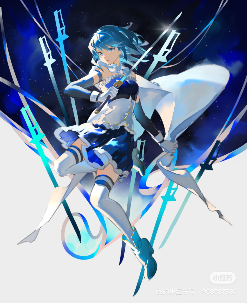 1girl ankle_boots blue_background blue_eyes blue_footwear blue_hair blue_skirt bodice boots cape collared_cape detached_sleeves floating_cape frills full_body gloves highres holding holding_sword holding_weapon labroiy leg_up looking_at_viewer magical_girl mahou_shoujo_madoka_magica mahou_shoujo_madoka_magica_(anime) miki_sayaka open_mouth short_hair skirt solo sword thigh-highs two-tone_background watermark weapon white_background white_cape white_gloves white_thighhighs