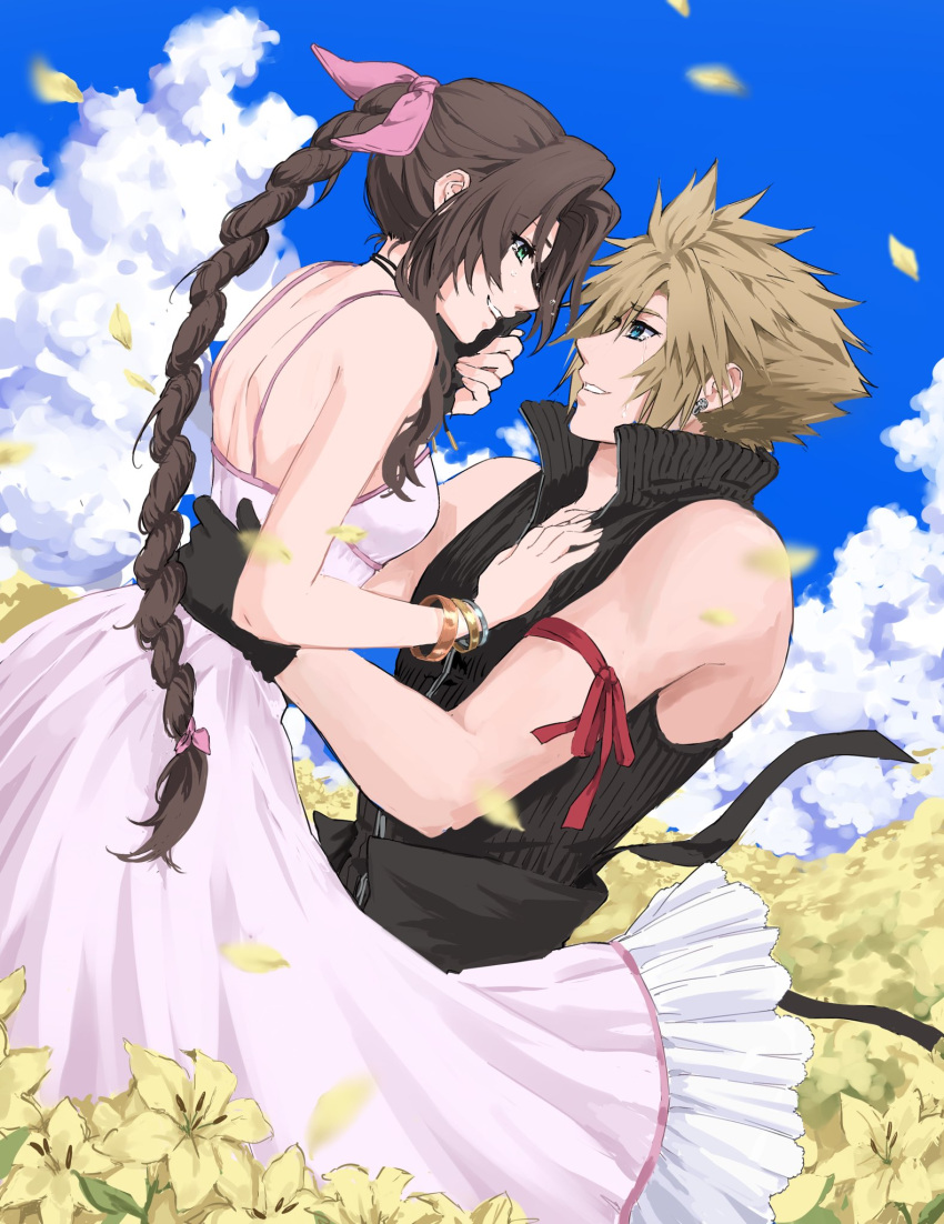 1boy 1girl aerith_gainsborough aqua_eyes arm_ribbon bangle bare_shoulders black_cape black_gloves black_shirt blonde_hair blue_sky bracelet braid braided_ponytail breasts brown_hair cape choker cloud_strife clouds cloudy_sky couple dress earrings falling_petals field final_fantasy final_fantasy_vii final_fantasy_vii_advent_children final_fantasy_vii_rebirth final_fantasy_vii_remake flower flower_field gloves green_eyes hair_between_eyes hair_ribbon hand_on_another's_back hand_on_another's_chest happy_tears hetero highres jewelry kivavis lily_(flower) long_dress long_hair medium_breasts outdoors parted_bangs parted_lips petals pink_dress pink_ribbon popped_collar red_ribbon ribbon ribbon_choker shirt short_hair sidelocks single_braid single_earring sky sleeveless sleeveless_shirt smile spiky_hair sundress tears upper_body waist_cape wavy_hair yellow_flower yellow_petals
