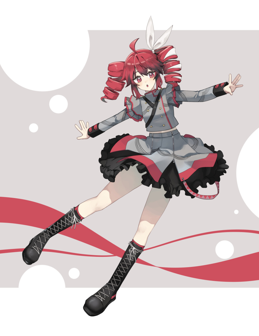 1girl blush boots bow cross-laced_footwear esy full_body hair_bow highres kasane_teto kasane_teto_(sv) lace-up_boots long_hair long_sleeves midriff open_mouth outstretched_arms red_eyes redhead skirt solo synthesizer_v twin_drills twintails utau