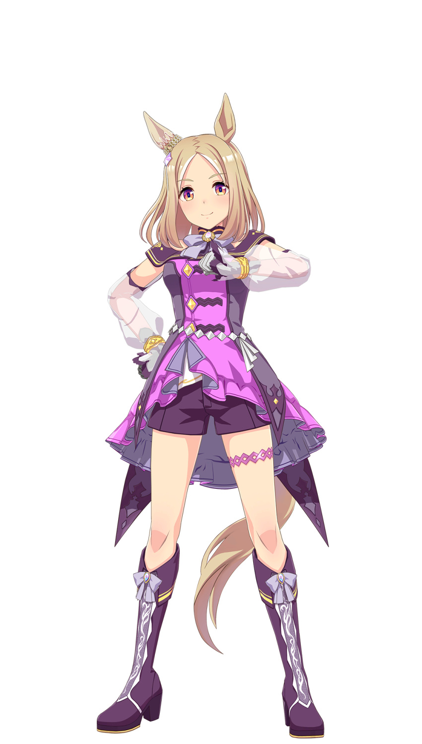 1girl animal_ears bad_link bare_shoulders black_footwear black_shorts blonde_hair blush boots brown_eyes closed_mouth dress full_body game_model gloves hand_on_own_hip highres horse_ears horse_girl horse_tail knee_boots long_sleeves narita_top_road_(umamusume) off-shoulder_dress off_shoulder official_art parted_bangs puffy_long_sleeves puffy_sleeves purple_dress short_shorts shorts smile solo standing tail transparent_background umamusume white_gloves