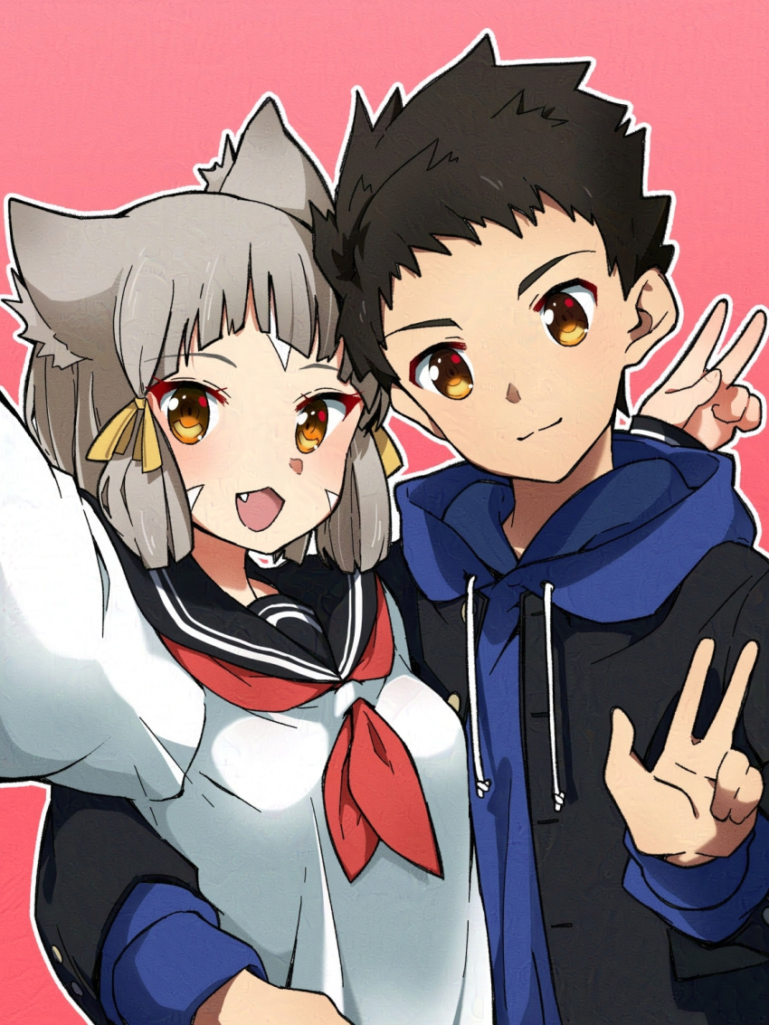 1boy 1girl :3 alternate_costume animal_ears black_hair black_jacket black_sailor_collar blue_hoodie blunt_bangs cat_ears closed_mouth commentary_request contemporary facial_mark fang grey_hair hand_on_another's_hip highena highres hood hood_down hoodie jacket long_sleeves looking_at_viewer neckerchief nia_(xenoblade) open_clothes open_jacket open_mouth red_background red_neckerchief rex_(xenoblade) sailor_collar school_uniform shirt short_hair simple_background smile v white_shirt xenoblade_chronicles_(series) xenoblade_chronicles_2 yellow_eyes