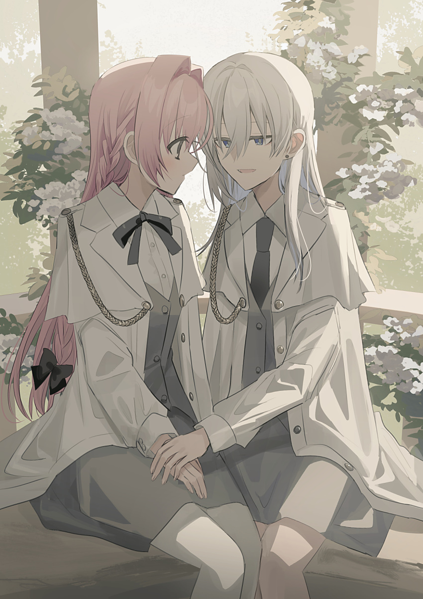 2girls black_bow black_necktie blue_eyes bow braid chihuri collared_shirt commentary_request earrings ende_(chihuri) feet_out_of_frame flower grey_skirt grey_vest hair_between_eyes hair_bow hair_intakes highres jacket jewelry long_hair long_sleeves multiple_girls nea_(chihuri) necktie open_clothes open_jacket original pantyhose pink_hair puffy_long_sleeves puffy_sleeves shirt sitting skirt stud_earrings very_long_hair vest violet_eyes white_flower white_hair white_jacket white_pantyhose white_shirt yuri