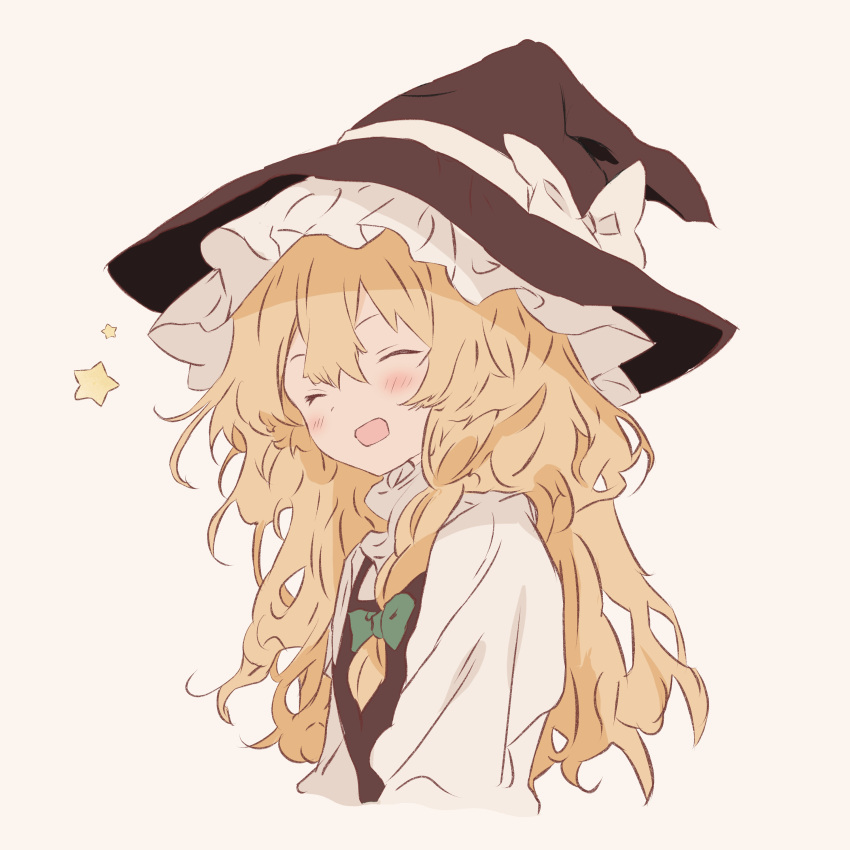 1girl ^_^ absurdres black_headwear black_vest blonde_hair blush bow braid closed_eyes commentary_request cropped_torso facing_viewer green_bow hair_between_eyes hair_bow happy hat highres iris-san kirisame_marisa long_hair open_mouth shirt simple_background single_braid smile solo star_(symbol) touhou upper_body vest wavy_hair white_shirt witch_hat