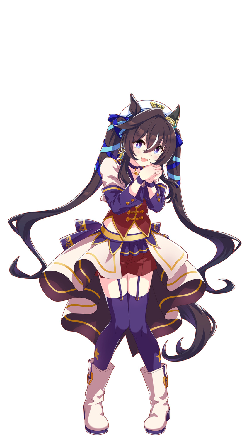 1girl alternate_costume animal_ears begging beret black_hair blush breasts earrings full_body hair_ornament hat highres horse_ears horse_girl jewelry long_hair looking_at_viewer medium_breasts mole mole_under_eye official_art open_mouth own_hands_together solo standing starting_future_(umamusume) thigh-highs transparent_background twintails umamusume violet_eyes vivlos_(umamusume)