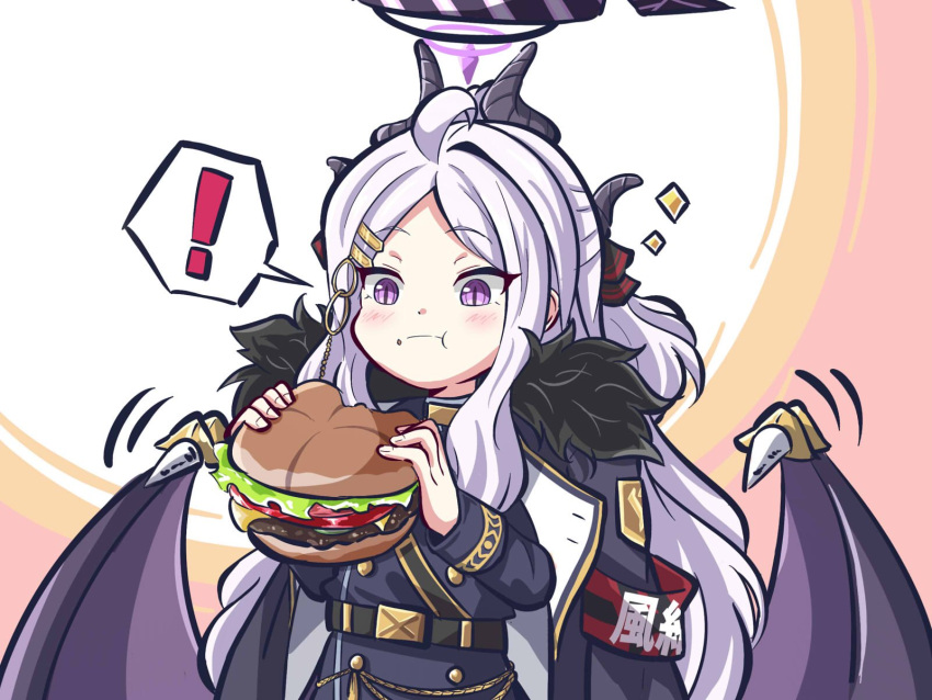 ! 1girl :t armband belt black_coat blue_archive burger coat coat_on_shoulders commentary_request demon_girl demon_horns demon_wings eating food food_on_face forehead fur-trimmed_coat fur_trim hair_ornament hair_ribbon hairclip half_updo halo happy highres hina_(blue_archive) holding holding_food horns long_hair long_sleeves looking_at_viewer open_clothes open_coat parted_bangs red_armband ribbon sam_browne_belt sidelocks simple_background solo spoken_exclamation_mark surprised two-tone_background violet_eyes wavy_hair white_hair wings yukimi_unagi