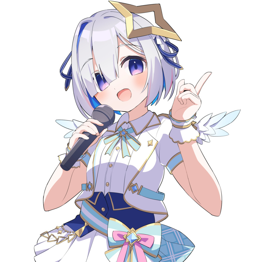 1girl amane_kanata angel_wings asymmetrical_bangs asymmetrical_hair blue_hair blue_wings blush bob_cut bow bowtie colored_inner_hair commentary corset feathered_wings fragir gradient_wings grey_hair hair_over_one_eye halo hands_up highres holding holding_microphone hololive hololive_idol_uniform_(bright) idol idol_clothes index_finger_raised jacket looking_at_viewer microphone mini_wings multicolored_hair multicolored_wings official_alternate_costume open_mouth pink_hair puffy_short_sleeves puffy_sleeves shirt short_hair short_sleeves sidelocks simple_background single_hair_intake skirt smile solo star_halo streaked_hair transparent_background upper_body violet_eyes virtual_youtuber waist_bow white_jacket white_shirt white_skirt white_wings wings yellow_halo