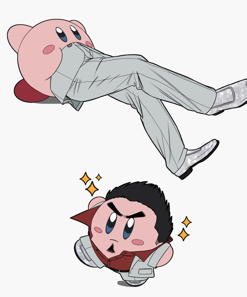 1boy blush_stickers cdtxufre commentary cosplay creature facial_hair full_body goatee highres kirby kirby_(series) kiryu_kazuma kiryu_kazuma_(cosplay) light_frown looking_ahead male_focus outstretched_arms ryuu_ga_gotoku_(series) sequential spread_arms symbol-only_commentary v-shaped_eyebrows vore walking yakuza