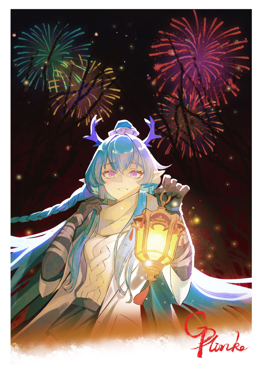 1girl absurdres adjusting_scarf aerial_fireworks aran_sweater arknights bandaged_arm bandages black_sky blue_hair border braid cable_knit chinese_commentary coat colored_extremities commentary_request cropped_legs dragon_girl dragon_horns fireworks hands_up highres holding holding_lantern horns lantern light_particles ling_(arknights) long_hair looking_at_viewer night night_sky open_clothes open_coat pointy_ears purple_horns scarf short_sleeves signature sky smile solo sweater violet_eyes white_border white_coat white_scarf white_sweater yinhepongpong