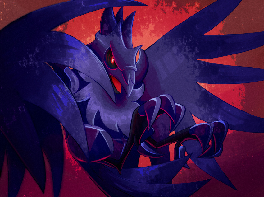 abstract_background animal_focus bird black_sclera bright_pupils chest_fluff colored_sclera commentary corviknight crow dynamic_pose english_commentary evilsonic2 flying foreshortening frown full_body glowing glowing_eyes highres looking_at_viewer metal metal_skin midair no_humans open_mouth pokemon pokemon_(creature) red_background red_eyes red_light slit_pupils solo spread_wings talons three_quarter_view tongue vignetting white_pupils