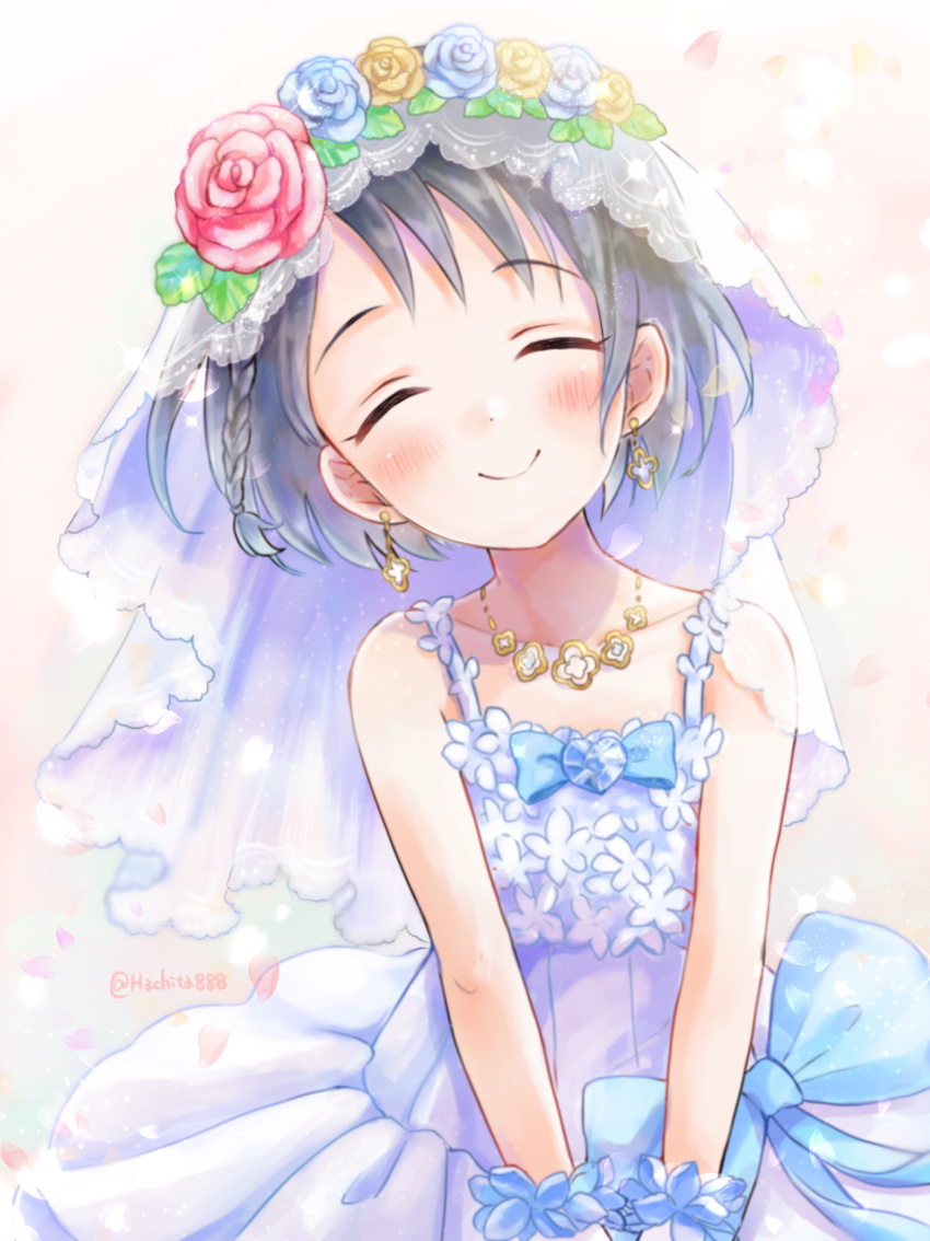 1girl bare_shoulders black_hair blue_bow blue_bowtie blue_flower blue_rose blurry blush bow bowtie braid breasts bridal_veil closed_eyes closed_mouth collarbone depth_of_field dot_nose dress dress_bow earrings falling_petals flower head_wreath highres idolmaster idolmaster_cinderella_girls idolmaster_cinderella_girls_starlight_stage jewelry mitsuyahachiko necklace petals pink_background red_flower red_rose rose sasaki_chie short_hair simple_background sleeveless sleeveless_dress small_breasts smile solo twitter_username veil white_dress yellow_flower yellow_rose