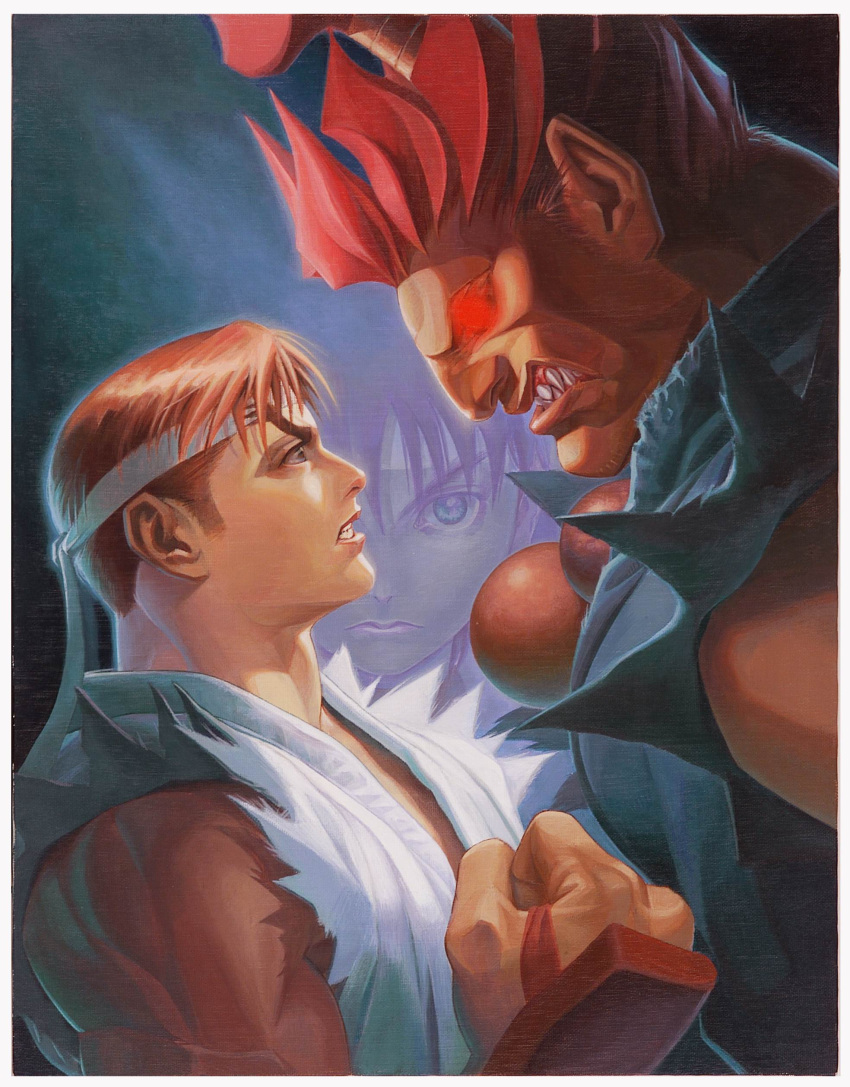 1girl 2boys absurdres akuma_(street_fighter) archived_source bare_shoulders bead_necklace beads blue_eyes brown_hair clenched_hand clenched_teeth dark-skinned_male dark_skin dougi from_side glowing glowing_eyes headband highres jewelry karate_gi kasugano_sakura looking_at_another looking_at_viewer multiple_boys necklace official_art parted_lips pink_lips red_eyes redhead ryu_(street_fighter) shirt spiky_hair street_fighter street_fighter_zero_(series) teeth torn_clothes torn_shirt upper_body white_headband