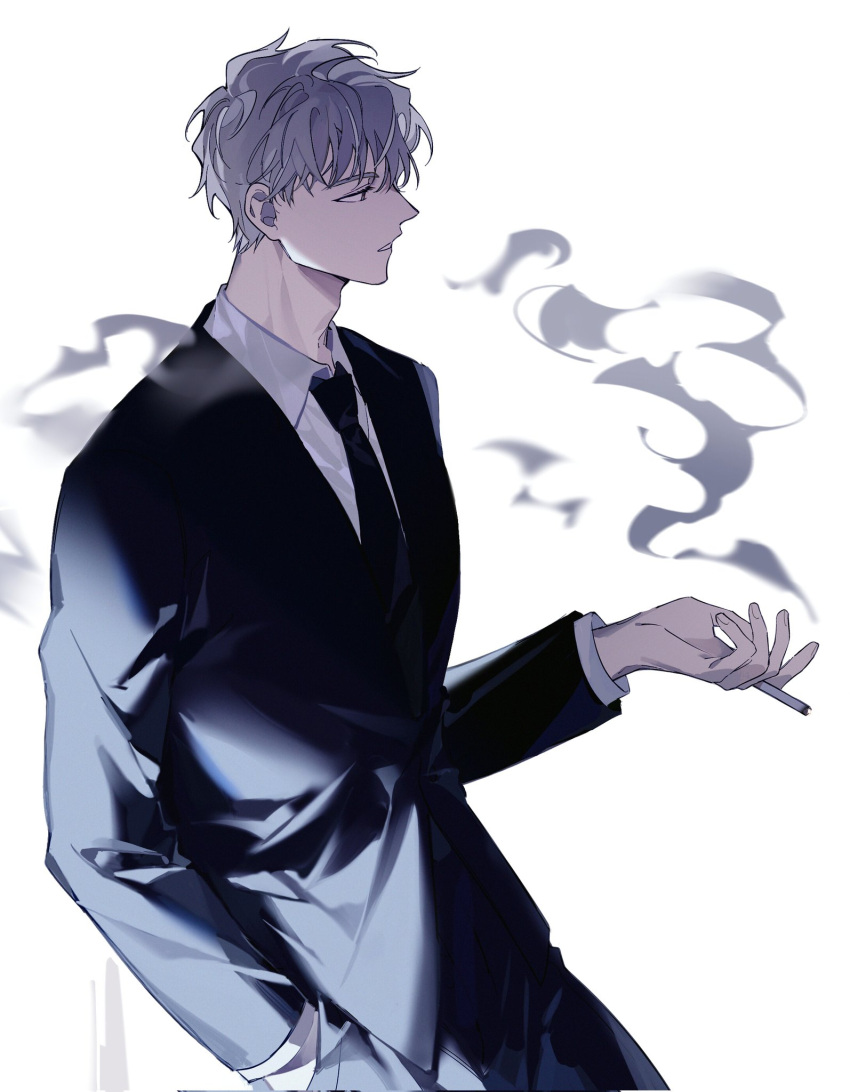 1boy black_necktie cigarette cowboy_shot facing_to_the_side hair_between_eyes hand_in_pocket highres holding holding_cigarette ilay_riegrow k_sui0424 leaning long_sleeves male_focus necktie short_hair smoke solo suit teeth white_background white_hair