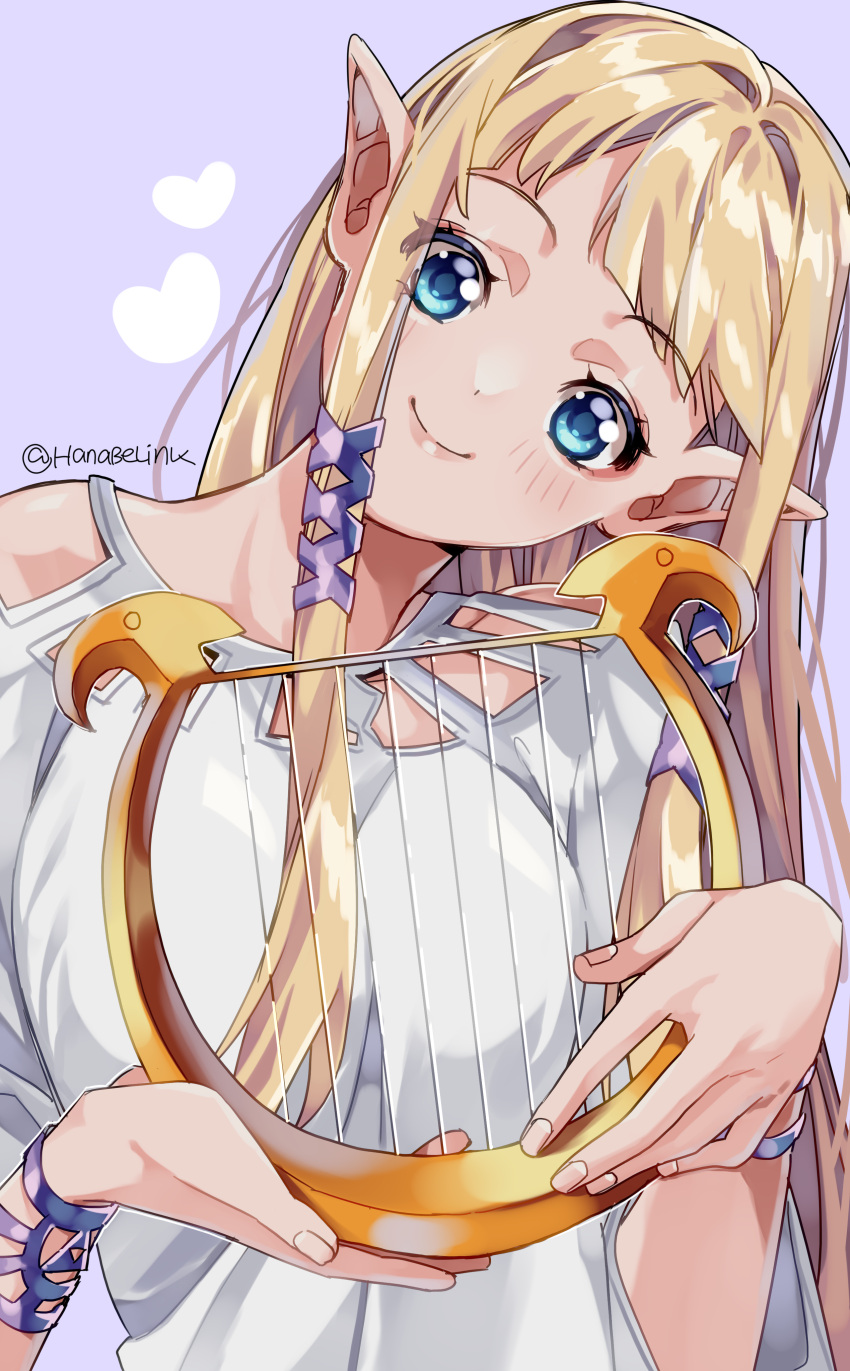 1girl absurdres blonde_hair blue_eyes blush closed_mouth commentary_request dress fingernails hanaberin harp head_tilt highres holding holding_instrument instrument long_hair looking_at_viewer pointy_ears princess_zelda purple_background simple_background smile solo the_legend_of_zelda the_legend_of_zelda:_skyward_sword twitter_username white_dress