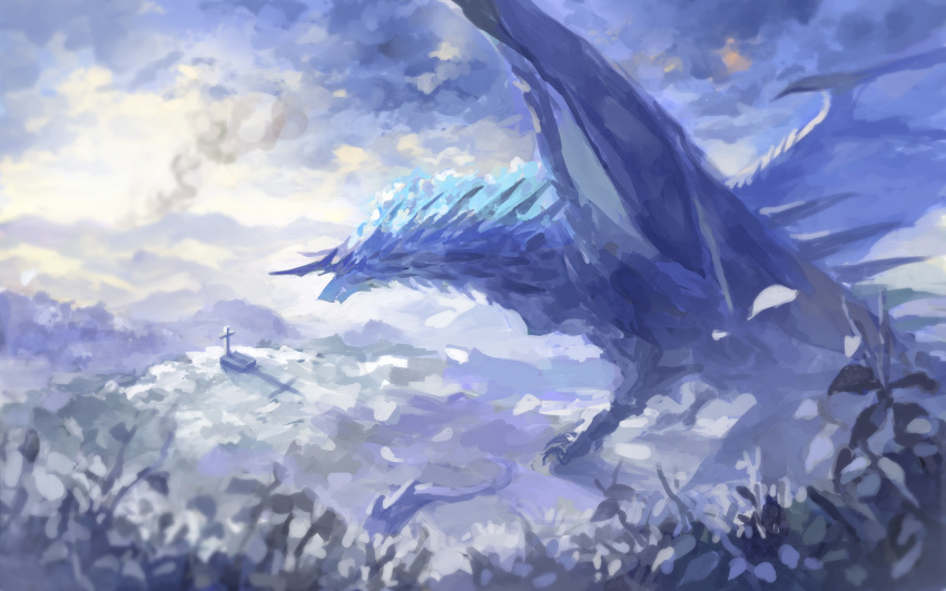 animal_focus clouds commentary_request cross day dragon fantasy field from_side grass highres horns mountainous_horizon no_humans original outdoors pixiv_fantasia pixiv_fantasia_last_saga sakaya313 scales scenery solo spikes tail tombstone western_dragon wings