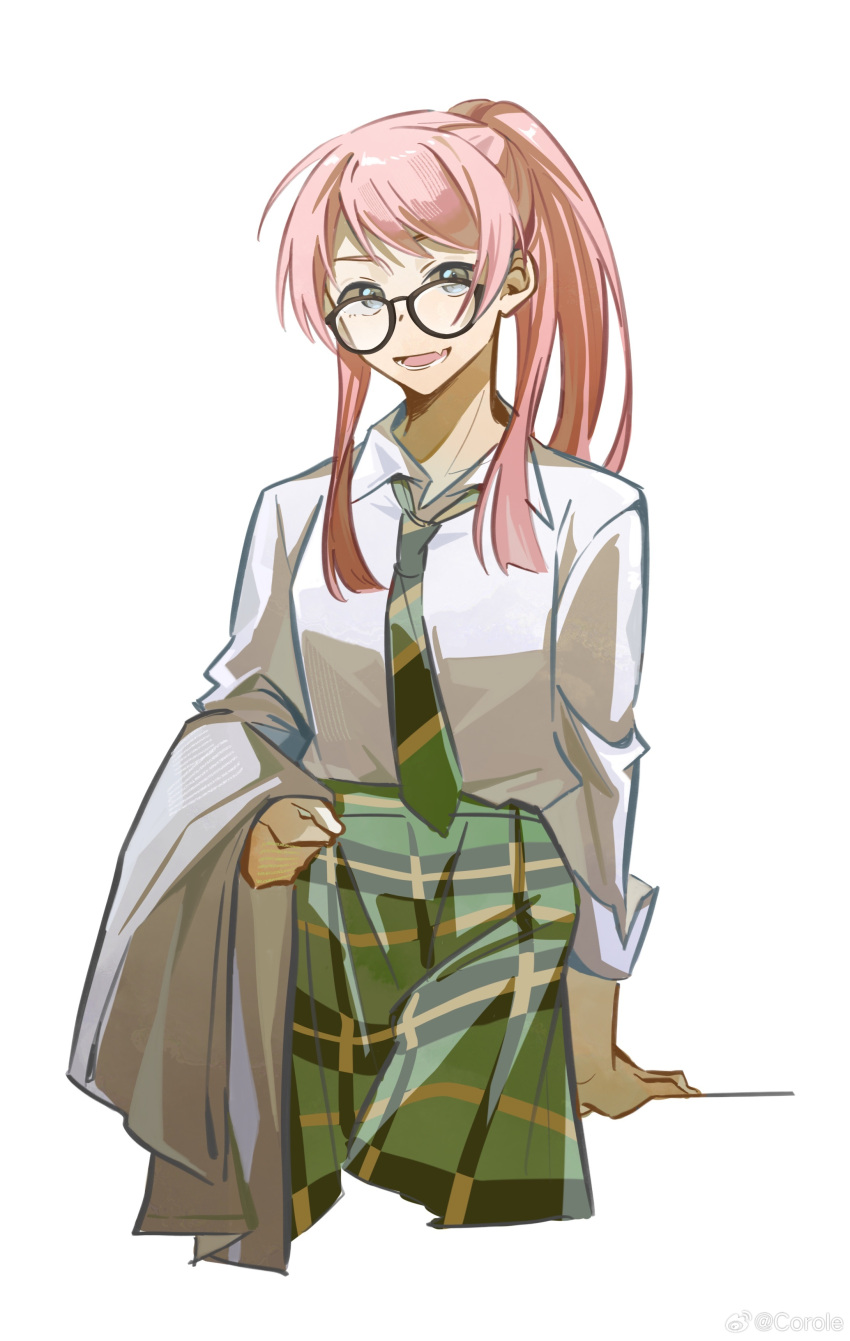 1girl absurdres bang_dream! bang_dream!_it's_mygo!!!!! chihaya_anon chinese_commentary collared_shirt commentary_request fang glasses green_necktie green_skirt grey_eyes haneoka_school_uniform highres jacket long_hair long_sleeves looking_at_viewer necktie open_mouth pink_hair ponytail school_uniform shirt simple_background skin_fang skirt smile solo unworn_jacket white_background white_shirt yui_k_(yuik48074789)