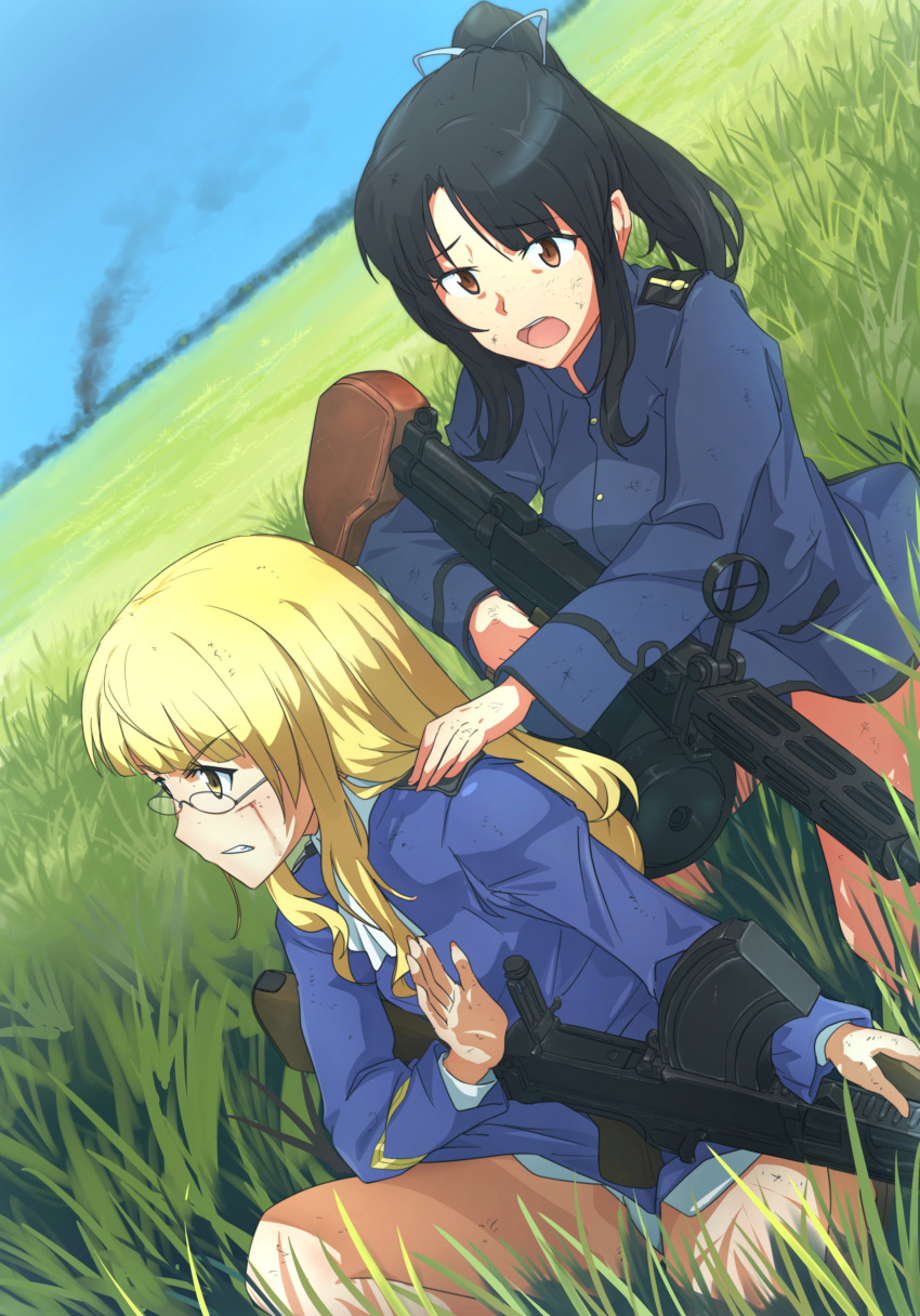 absurdres bad_link black_hair blonde_hair blood blood_on_face blurry bren_lmg brown_eyes depth_of_field dirty dirty_clothes dirty_face dutch_angle epaulettes field glasses grass grimace gun hair_ribbon hand_on_another's_shoulder hand_up hattori_shizuka highres injury light_machine_gun military military_uniform noa_@0bp3292 open_mouth perrine_h._clostermann ponytail ribbon sidelocks sky smoke squatting strike_witches type_99_cannon uniform weapon world_witches_series worried yellow_eyes