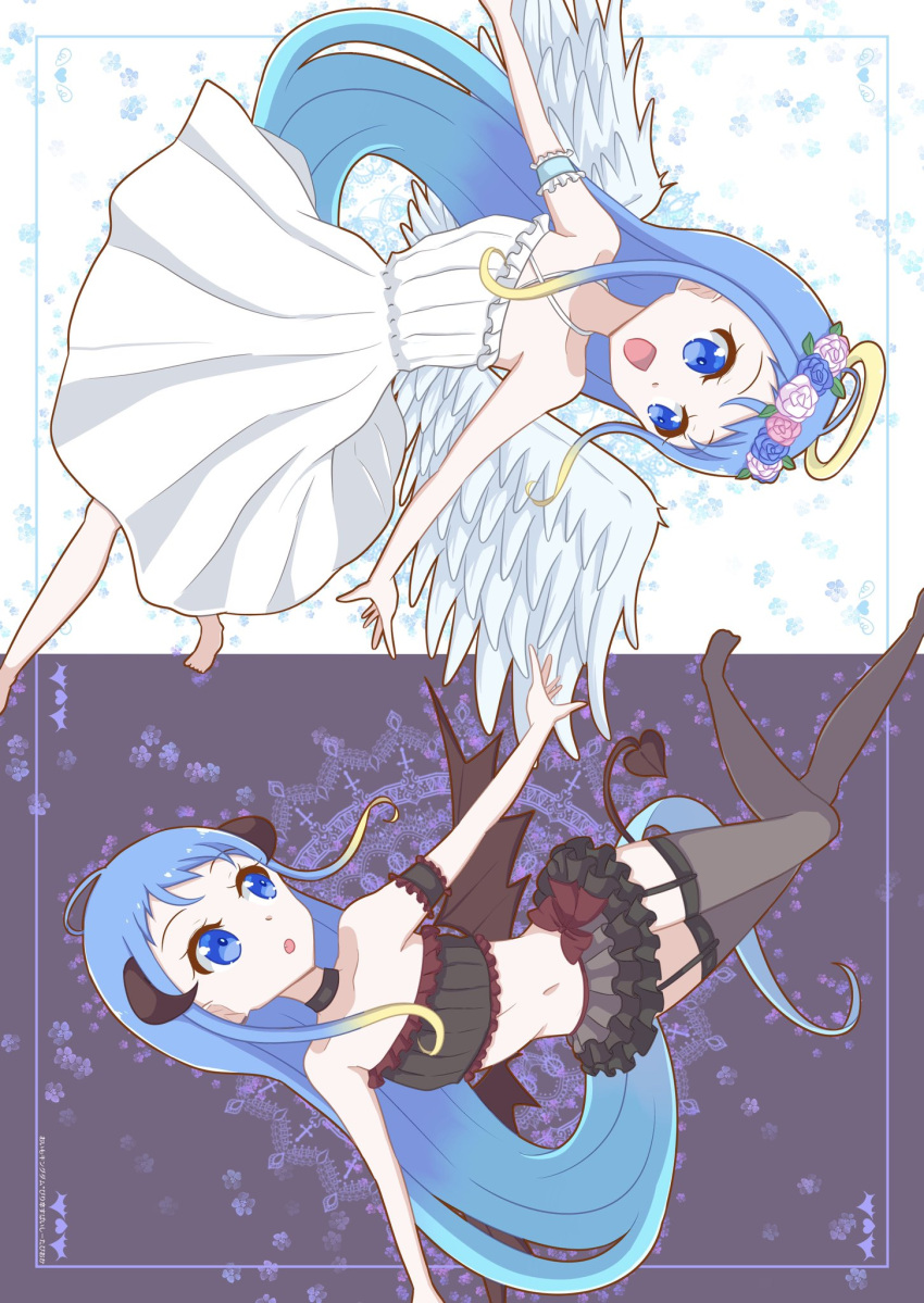 angel_and_devil angel_wings black_thighhighs blue_eyes blue_hair demon_wings dress dual_persona flower garter_straps halo head_wreath highres horns kantai_collection long_hair navel pista_land rose samidare_(kancolle) thigh-highs very_long_hair white_dress wings