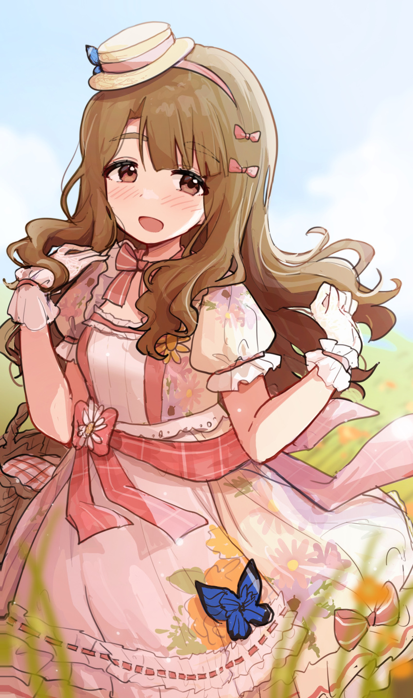 1girl absurdres blue_butterfly blurry blurry_foreground blush boater_hat brown_hair bug butterfly depth_of_field dress floating_hair floral_print frilled_wristband hat highres idolmaster idolmaster_million_live! long_hair mini_hat miyao_miya nnnn outdoors pink_dress puffy_short_sleeves puffy_sleeves short_sleeves smile solo very_long_hair