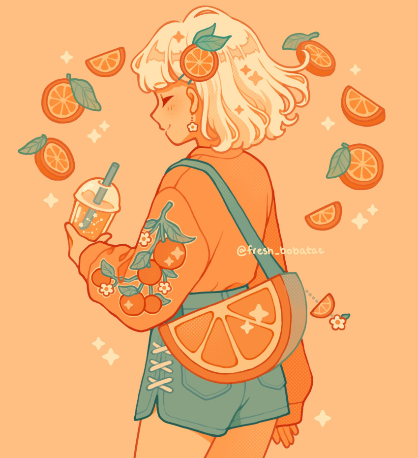 1girl bag bag_charm charm_(object) closed_eyes cup disposable_cup drink drinking_straw earrings emily_kim flower_earrings food food-themed_clothes food-themed_hair_ornament food_print fruit fruit_hair_ornament fruit_print green_shorts hair_ornament handbag highres holding holding_cup holding_drink jewelry orange_(fruit) orange_background orange_blossoms orange_hair_ornament orange_print orange_shirt orange_slice orange_theme original shirt shorts simple_background twitter_username white_hair