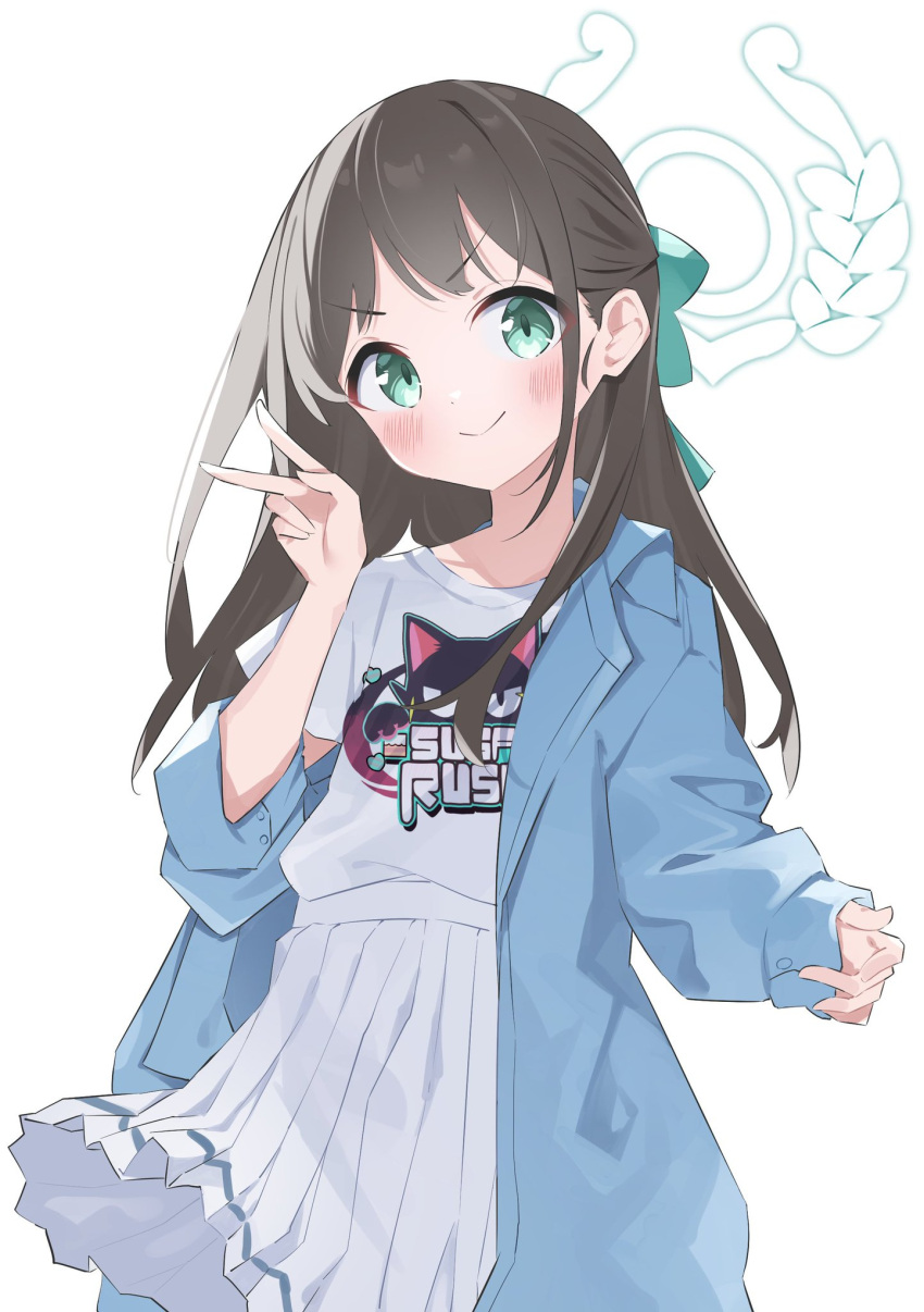 1girl airi_(band)_(blue_archive) airi_(blue_archive) blue_archive blue_coat blush brown_hair coat doyagao green_eyes halo highres logo long_hair looking_at_viewer pleated_skirt print_shirt shirt simple_background skirt smile smug solo suta0822 v white_background white_shirt white_skirt