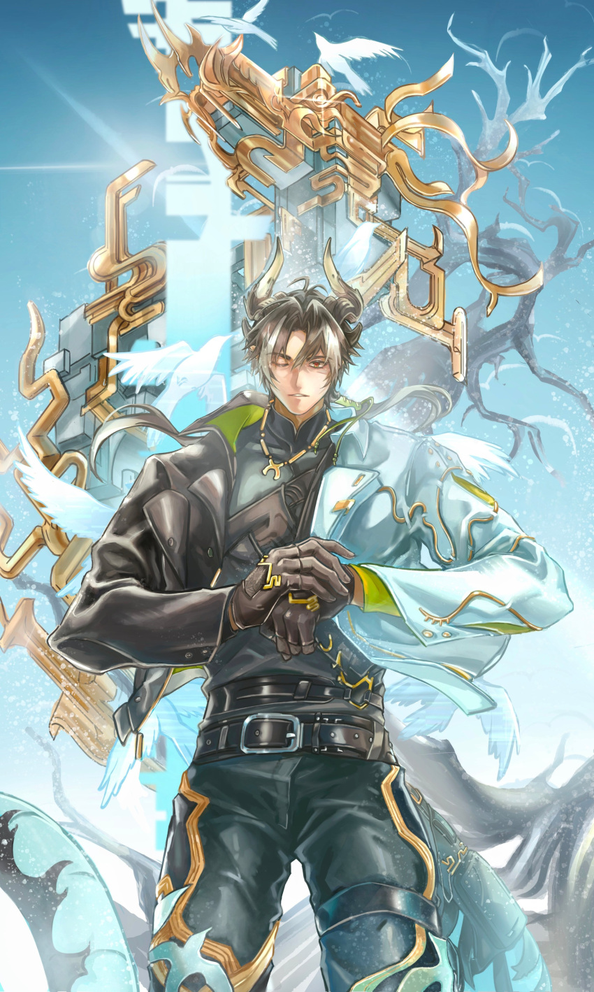 1boy absurdres arknights bird black_jacket black_pants blue_background blue_jacket brown_hair chinese_commentary chong_yue_(alighting)_(arknights) chong_yue_(arknights) collared_jacket commentary_request cowboy_shot dragon_boy dragon_horns dragon_tail fingerless_gloves floating_hair gloves grey_hair hands_up highres horns jacket long_sleeves looking_at_viewer low_ponytail male_focus multicolored_hair one_eye_closed pants pointy_ears solo standing streaked_hair tail thigh_strap tree zzhin3