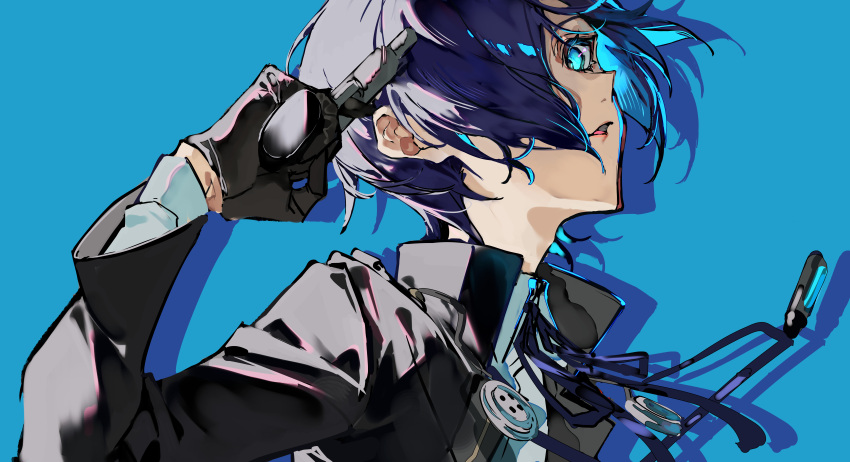 1boy absurdres black_gloves black_jacket blazer blue_background blue_eyes blue_hair blue_ribbon buttons collared_shirt commentary dark_blue_hair drop_shadow evoker gloves gun hair_over_one_eye highres holding holding_gun holding_weapon jacket looking_at_viewer male_focus mura_karuki neck_ribbon one_eye_covered open_mouth persona persona_3 persona_3_reload ribbon shirt short_hair solo upper_body weapon white_shirt yuuki_makoto_(persona_3)
