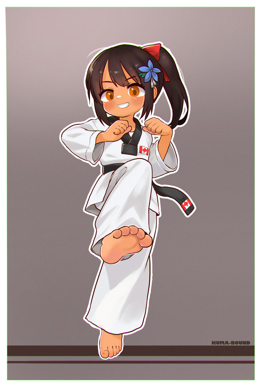 1girl absurdres artist_name barefoot belt black_belt blue_flower border bow brown_hair canadian_flag chinese_commentary clenched_hand commentary_request dougi feet flower grey_background hair_bow hair_flower hair_ornament high_ponytail highres kuma-bound looking_at_viewer martial_arts_belt medium_hair orange_eyes original pants red_bow simple_background smile soles standing standing_on_one_leg tan teeth white_border white_pants