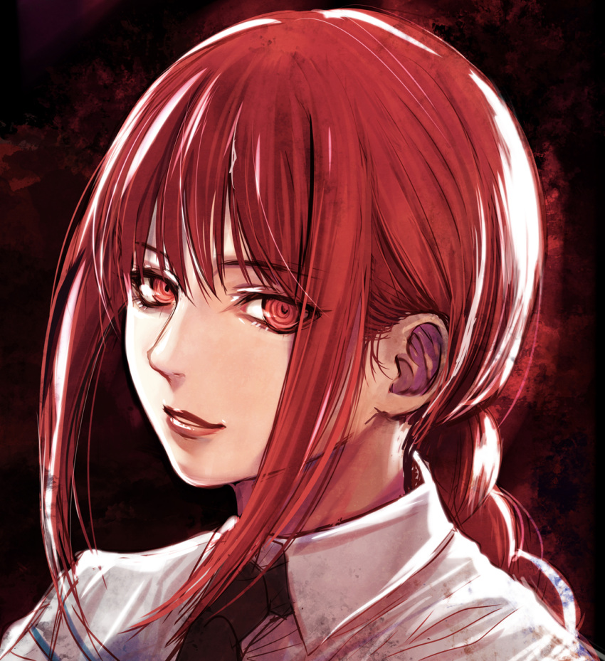 1girl black_necktie braid chainsaw_man close-up collared_shirt commentary_request highres light_smile long_hair looking_at_viewer makima_(chainsaw_man) necktie parted_lips red_eyes redhead ringed_eyes shirt sidelocks sketch solo ueda_metawo white_shirt