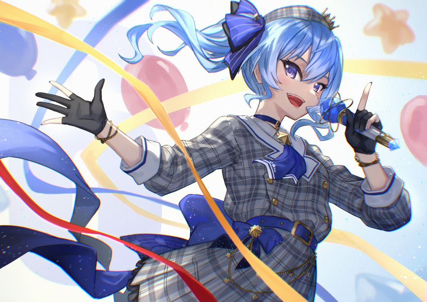 1girl balloon black_gloves blue_eyes blue_hair gloves hat highres holding holding_microphone hololive hoshimachi_suisei hoshimachi_suisei_(1st_costume) jacket looking_at_viewer microphone open_mouth partially_fingerless_gloves petcha_the_o plaid plaid_jacket plaid_skirt pleated_skirt side_ponytail skirt smile solo star_(symbol) star_in_eye symbol_in_eye upper_body virtual_youtuber white_background