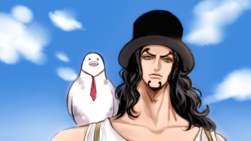 1boy animal animal_on_shoulder bare_shoulders bird bird_on_shoulder black_hair black_hat closed_mouth clouds cloudy_sky collarbone commentary english_commentary facial_hair goatee hat hattori_(one_piece) highres laechos long_hair male_focus necktie one_piece outdoors pigeon red_necktie rob_lucci sky top_hat white_bird yellow_eyes