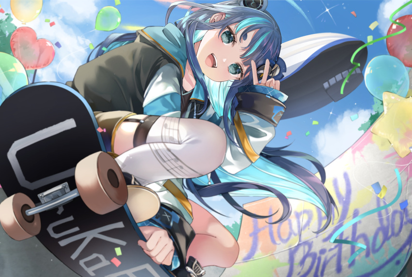 1girl :d aircraft aqua_eyes aqua_hair balloon blue_hair blue_sky blurry blurry_background character_name clouds confetti day depth_of_field dirigible from_below fujikura_uruka hair_ornament hairclip happy_birthday heart heart_balloon hood hooded_jacket jacket long_hair long_sleeves looking_at_viewer multicolored_hair musical_note musical_note_print official_art open_mouth outdoors paint_splatter phase_connect print_thighhighs second-party_source shunka_tunacan skate_park skateboard skateboarding sky sleeves_past_wrists smile solo star_(symbol) star_balloon teeth thigh-highs thighs two-tone_hair upper_teeth_only v very_long_hair virtual_youtuber white_thighhighs