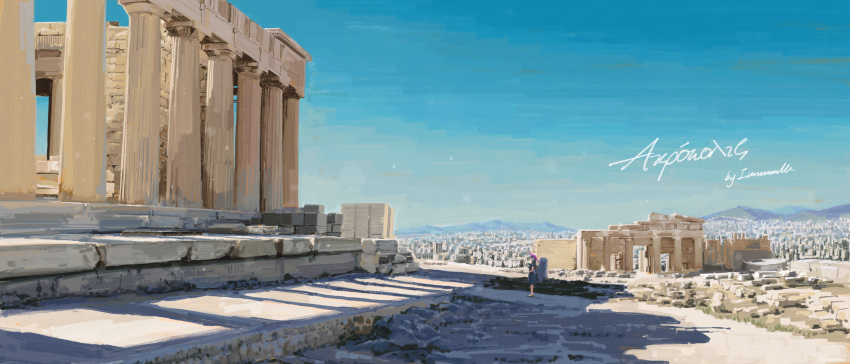 absurdres arknights astesia_(arknights) blue_dress blue_hair cityscape day dress from_side greece greek_text highres immeasurable long_hair mountainous_horizon outdoors pillar real_life ruins scenery shadow stone_pillar temple very_wide_shot