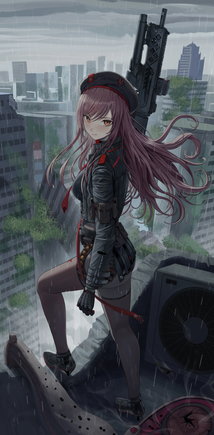 1girl abandoned absurdres arm_pouch assault_rifle bandolier beret black_gloves black_jacket black_thighhighs blush breasts brown_hair city cityscape collared_leotard cropped_jacket from_behind gloves goddess_of_victory:_nikke grey_sky gun hat highres holding holding_gun holding_weapon jacket long_hair long_sleeves looking_at_viewer medium_breasts necktie orange_eyes outdoors overcast overgrown post-apocalypse pouch rain rapi_(nikke) red_necktie rifle ruins silvertsuki sky solo standing thigh-highs two-tone_gloves weapon