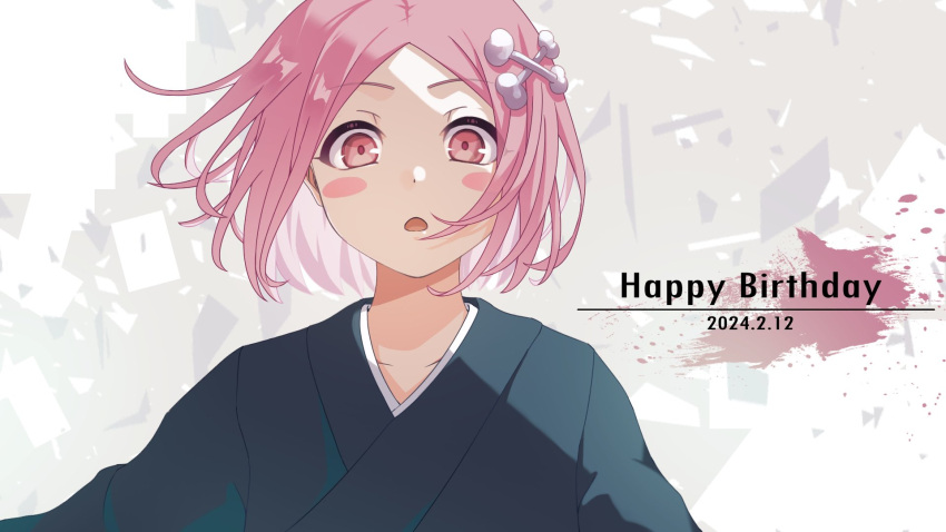 1girl 2024 :o black_kimono bleach blush_stickers bone_hair_ornament commentary_request dated floating_hair grey_background hair_ornament happy_birthday highres japanese_clothes kimono kusajishi_yachiru looking_at_viewer looking_down open_mouth parted_bangs pink_eyes pink_hair short_hair simple_background solo sumire_1046 upper_body x_hair_ornament