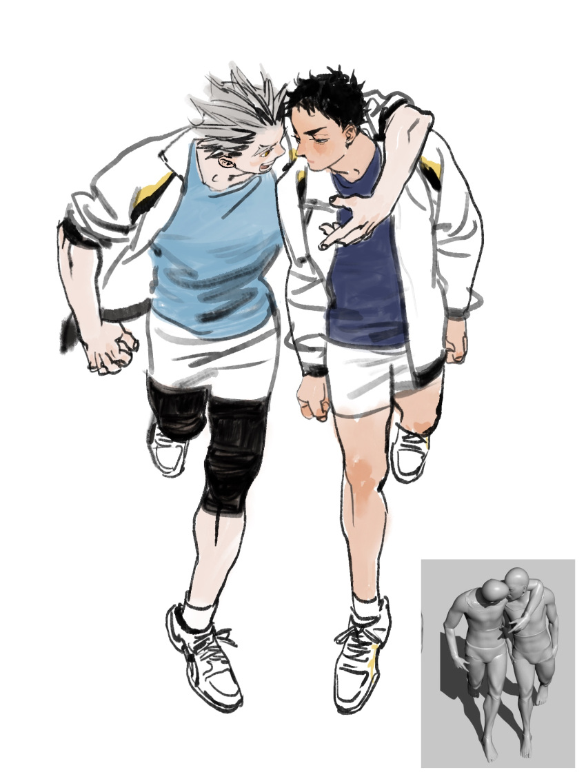 2boys akaashi_keiji arm_around_shoulder black_hair blue_shirt bokuto_koutarou chengongzi123 collared_jacket english_commentary full_body grey_hair haikyuu!! highres jacket knee_pads long_sleeves looking_at_another male_focus multicolored_hair multiple_boys open_clothes open_jacket open_mouth reference_inset running shirt shoes short_hair shorts simple_background sneakers standing standing_on_one_leg streaked_hair thick_eyebrows very_short_hair white_background white_footwear white_jacket white_shorts