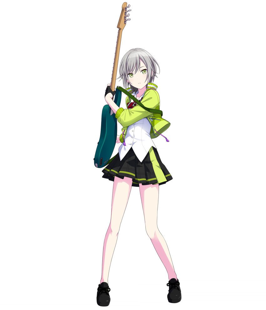 1girl black_footwear black_gloves black_skirt bow bowtie expressionless fingerless_gloves full_body gloves green_eyes green_jacket grey_hair guitar highres hinomori_shiho holding holding_guitar holding_instrument instrument jacket looking_at_viewer non-web_source official_art pleated_skirt project_sekai red_bow red_bowtie shirt short_hair single_glove skirt solo striped_bow striped_bowtie striped_clothes tachi-e transparent_background white_shirt